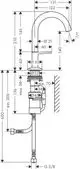 Waschtischmischer mit hohem Auslauf von AXOR, ausgestattet mit Push-Open Ablaufgarnitur. Diagramm zeigt Maße und Montageanleitung für die Installation.